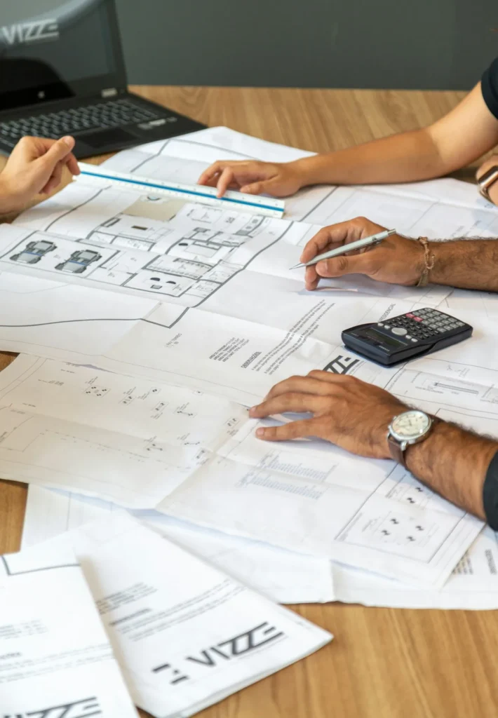 Architectes en train d'examiner ensemble des plans d'architecture sur un bureau de travail.