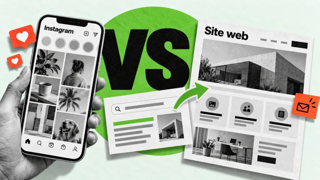 Un fil Instagram sur un téléphone face à un site web trouvé par une recherche.
