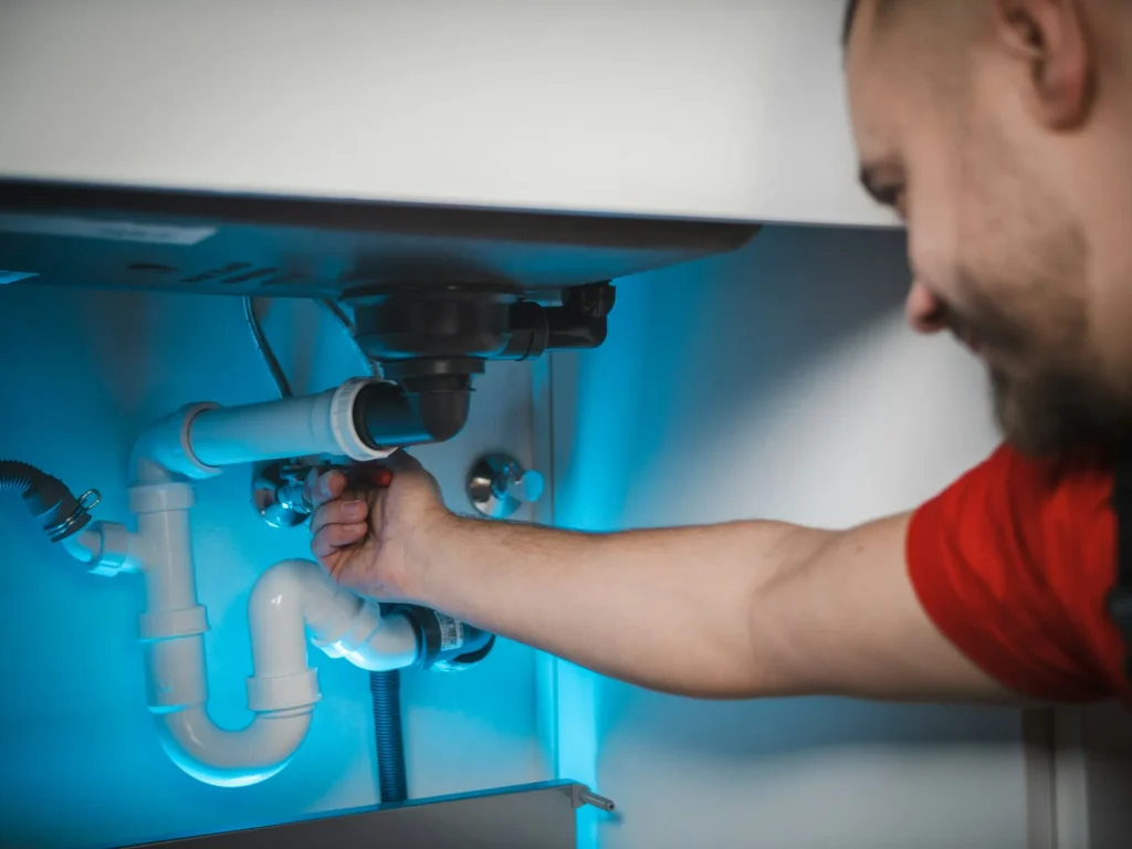 Plombier en intervention sur une canalisation murale, outils en main.