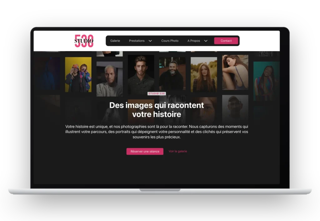 Mockup MacBook affichant la page d'accueil du site studio538.fr
