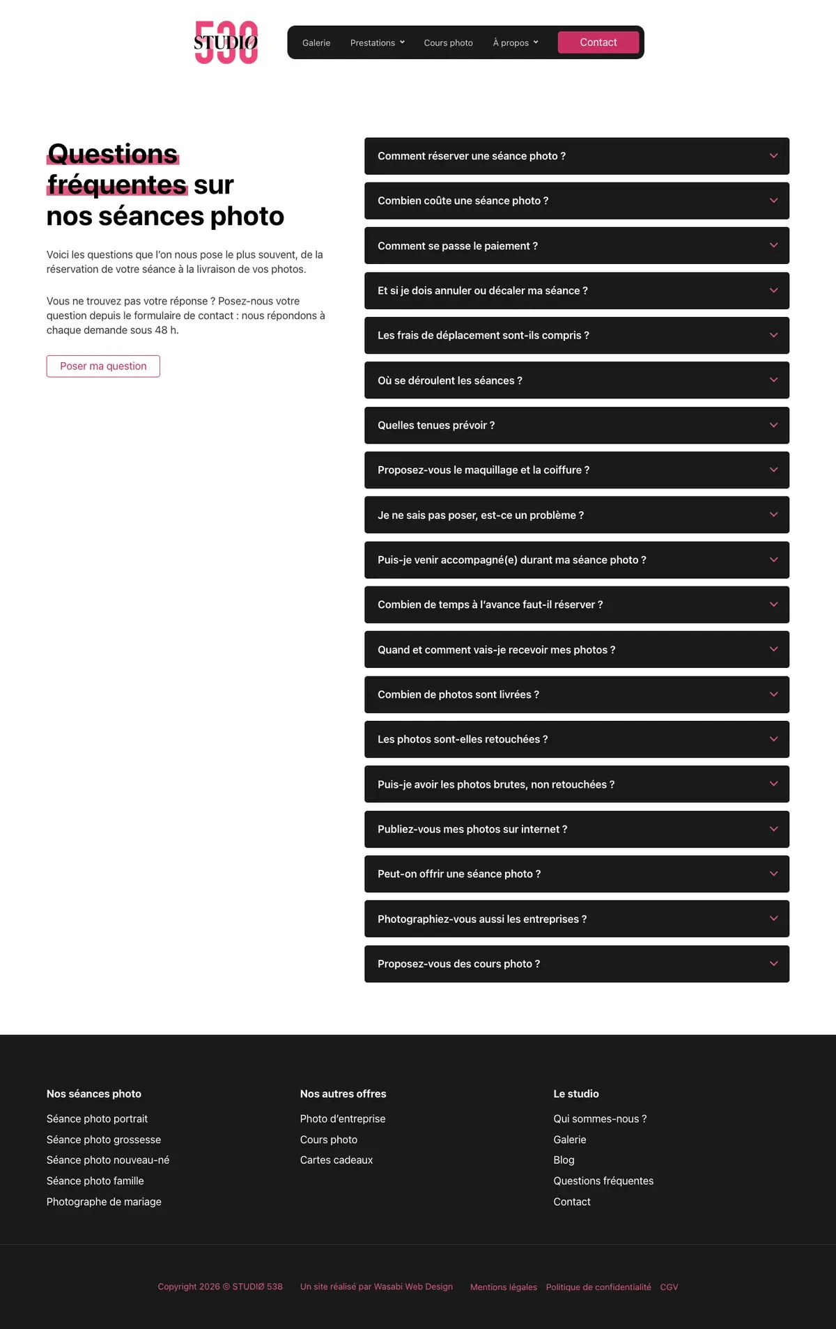 Questions fréquentes du site STUDIØ 538 sur ordinateur, capture de la page entière