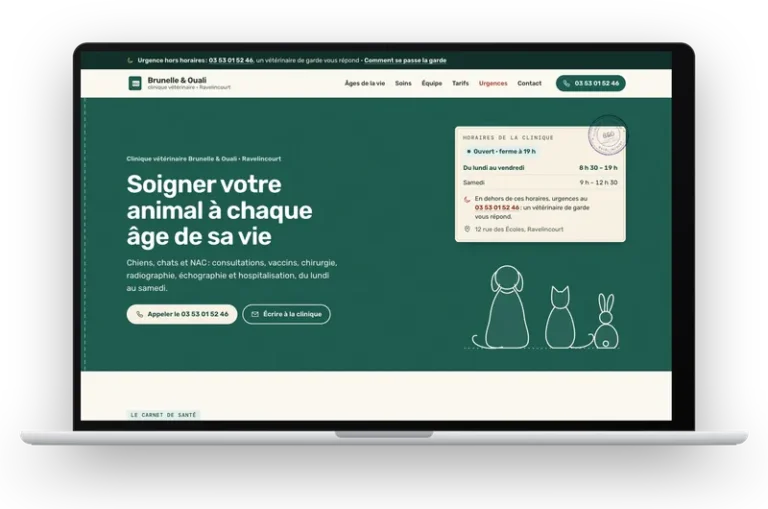 Le site de démonstration de la Clinique vétérinaire Brunelle & Ouali affiché sur un ordinateur portable