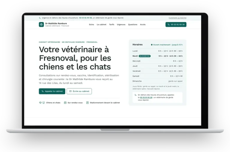 Le site de démonstration du cabinet vétérinaire du Dr Mathilde Rambure affiché sur un ordinateur portable