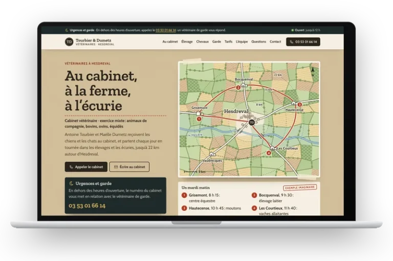 Le site de démonstration du cabinet Tourbier & Dumetz, vétérinaires, affiché sur un ordinateur portable