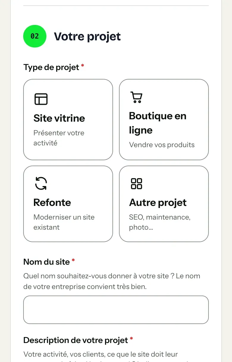 Détail du site Wasabi Web Design : quatre parties, trois minutes