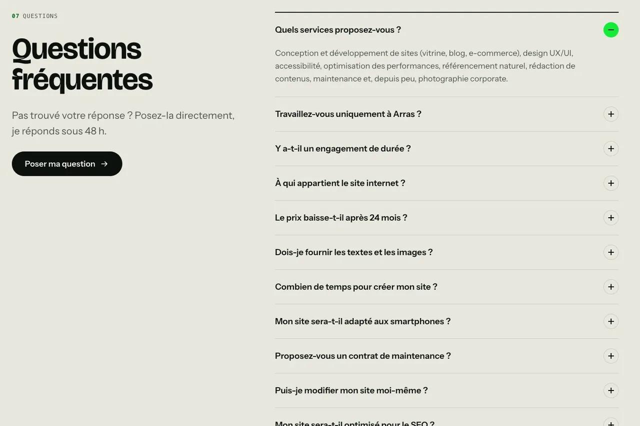 Détail du site Wasabi Web Design : une question à la fois