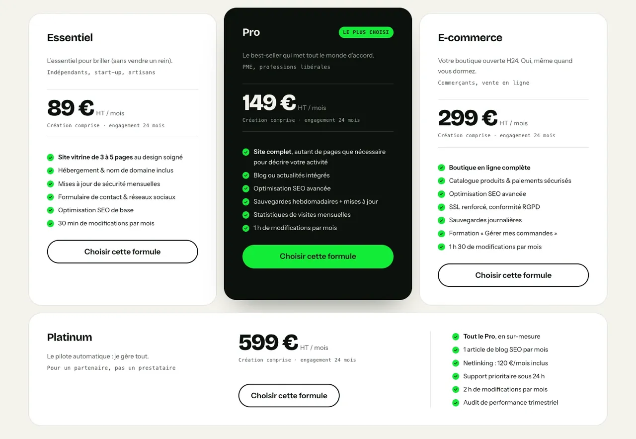 Détail du site Wasabi Web Design : les prix écrits en clair