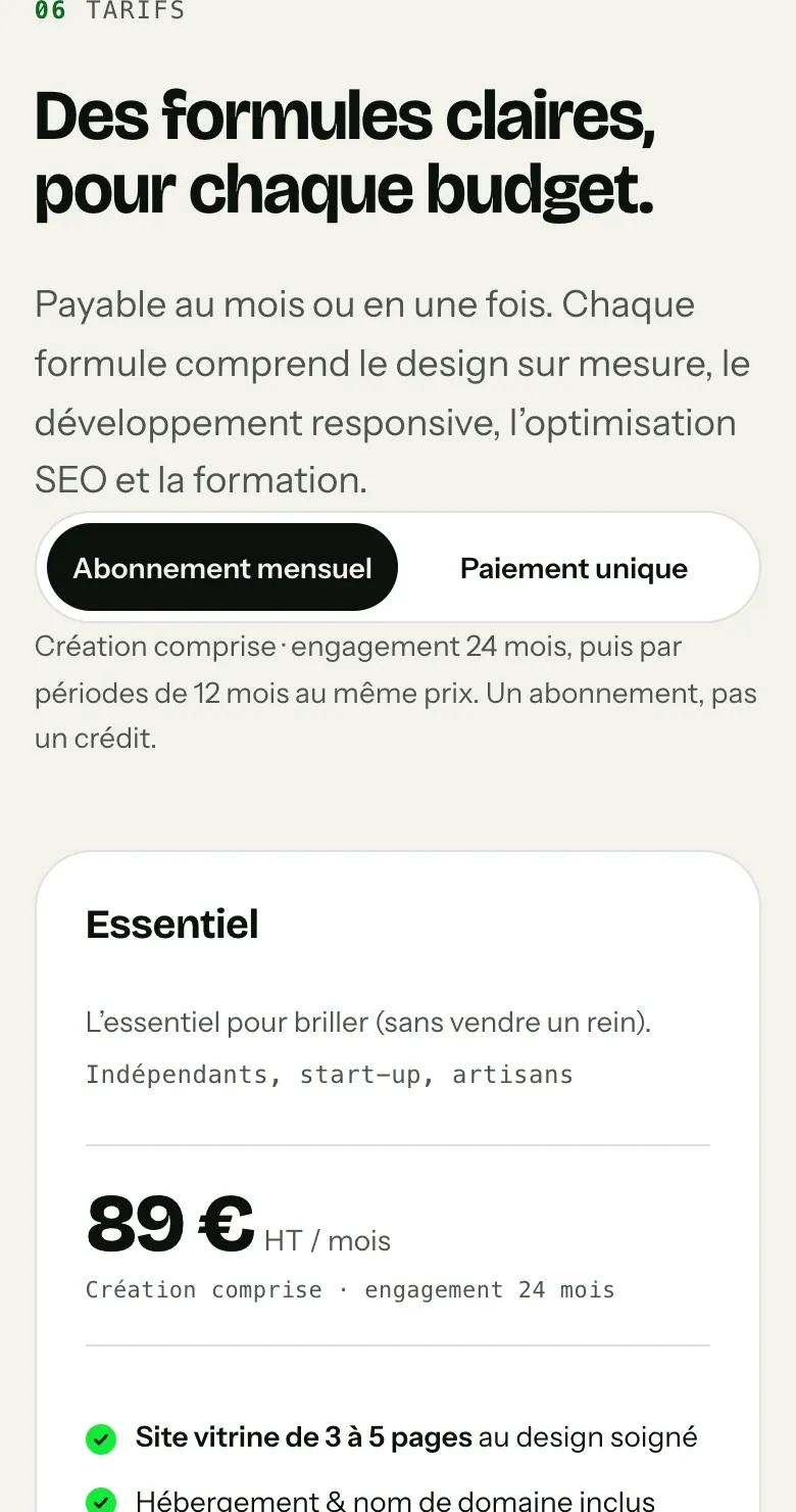 Détail du site Wasabi Web Design : les prix écrits en clair