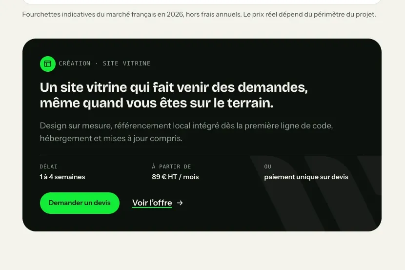 Détail du site Wasabi Web Design : l’offre au bon endroit