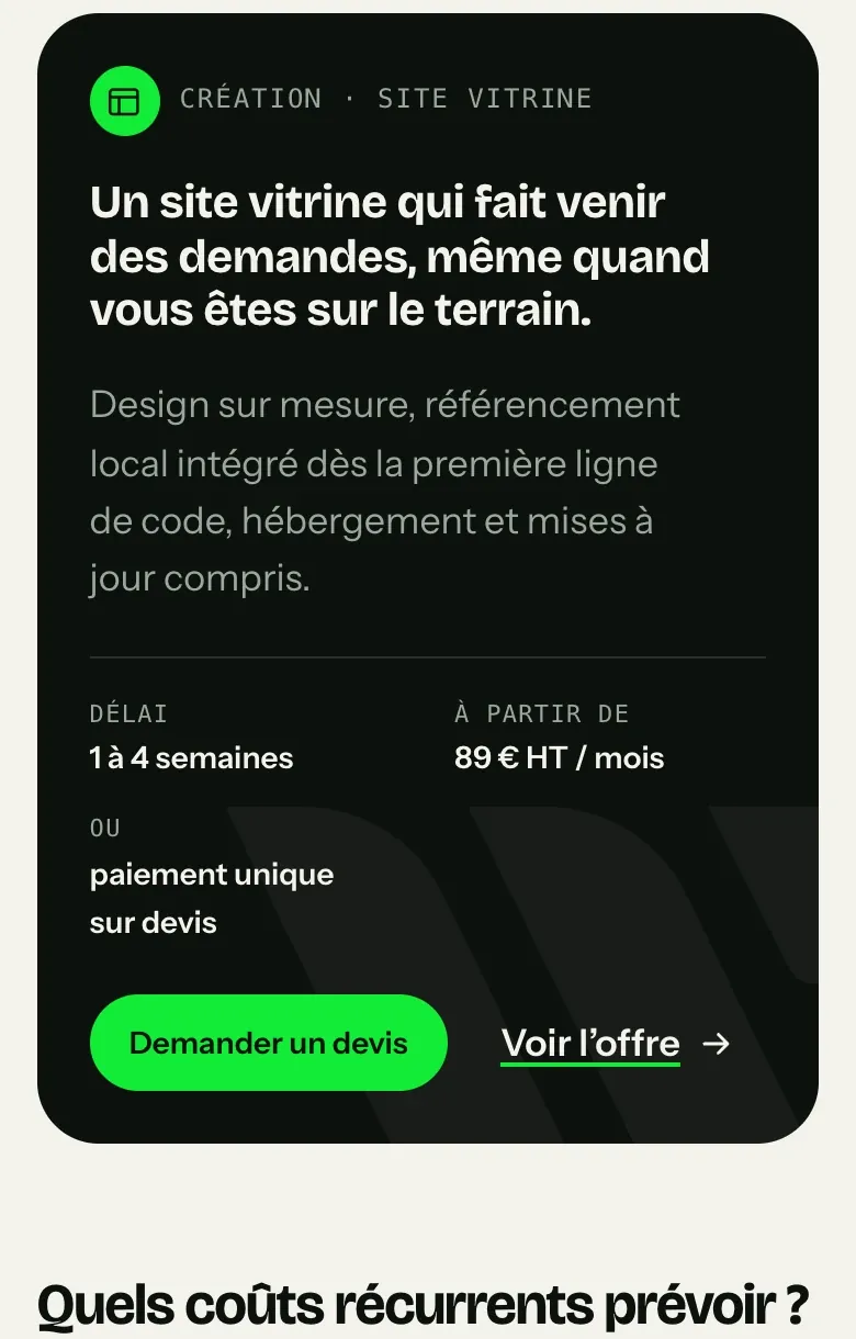 Détail du site Wasabi Web Design : l’offre au bon endroit