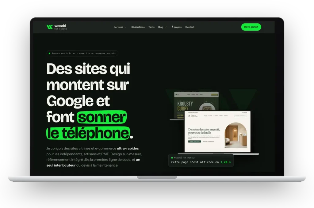 Le site Wasabi Web Design affiché sur un ordinateur portable