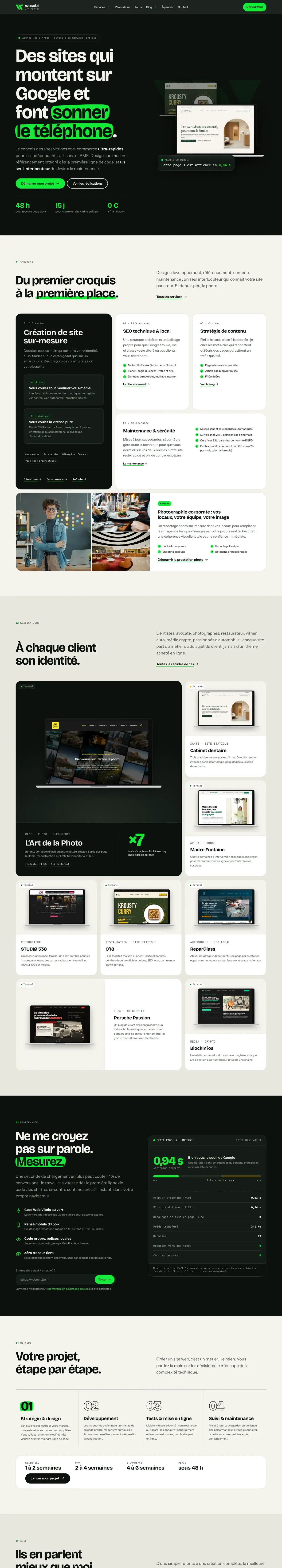 Accueil du site Wasabi Web Design sur ordinateur, capture de la page entière