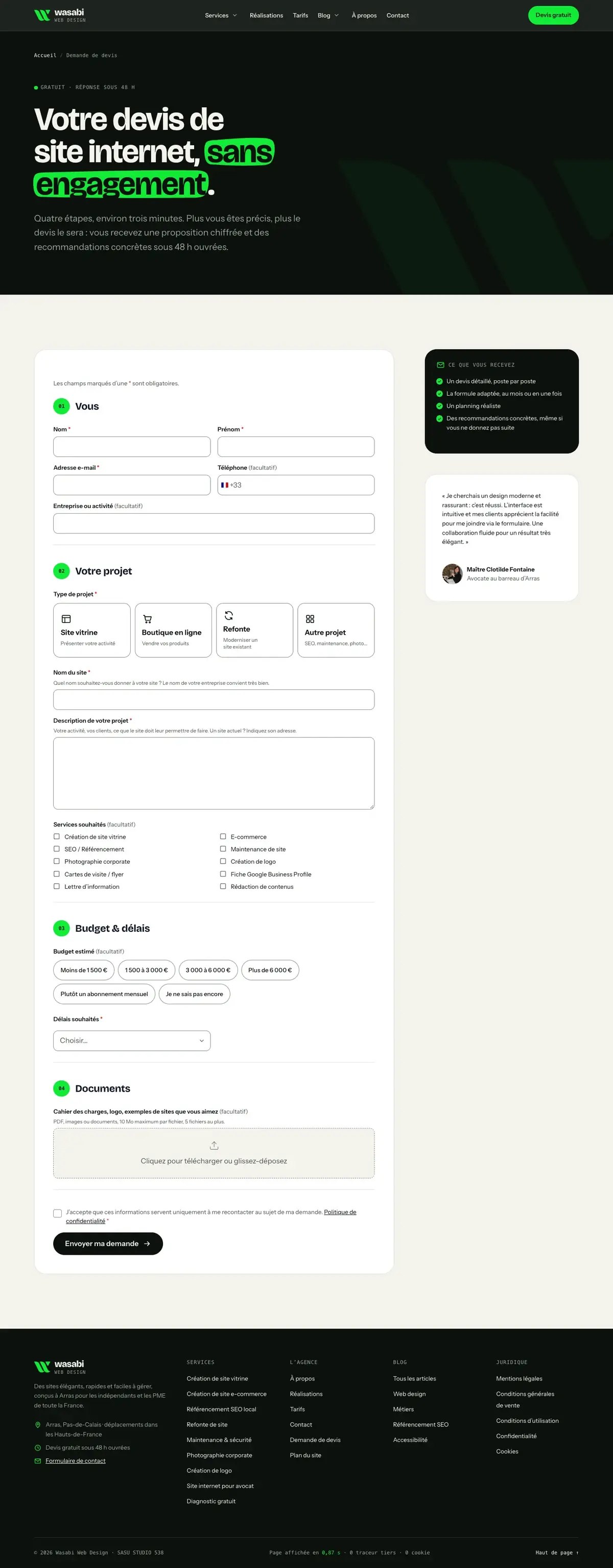 Devis du site Wasabi Web Design sur ordinateur, capture de la page entière