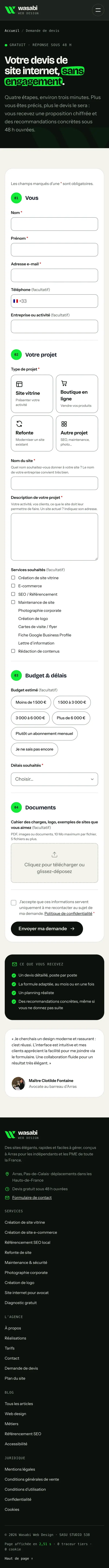 Devis du site Wasabi Web Design sur téléphone, capture de la page entière
