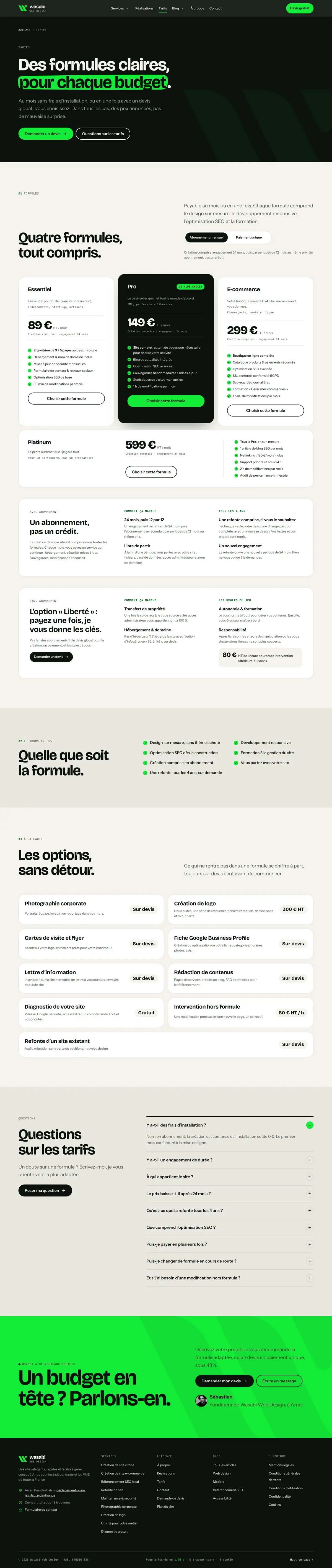 Tarifs du site Wasabi Web Design sur ordinateur, capture de la page entière