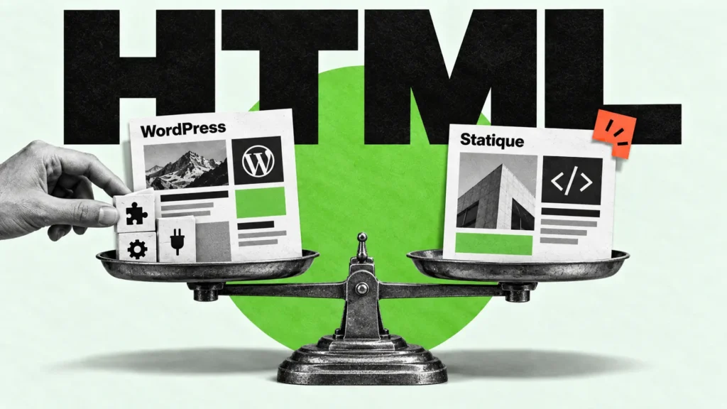 Une balance : une page WordPress et ses extensions d’un côté, une page statique de l’autre.